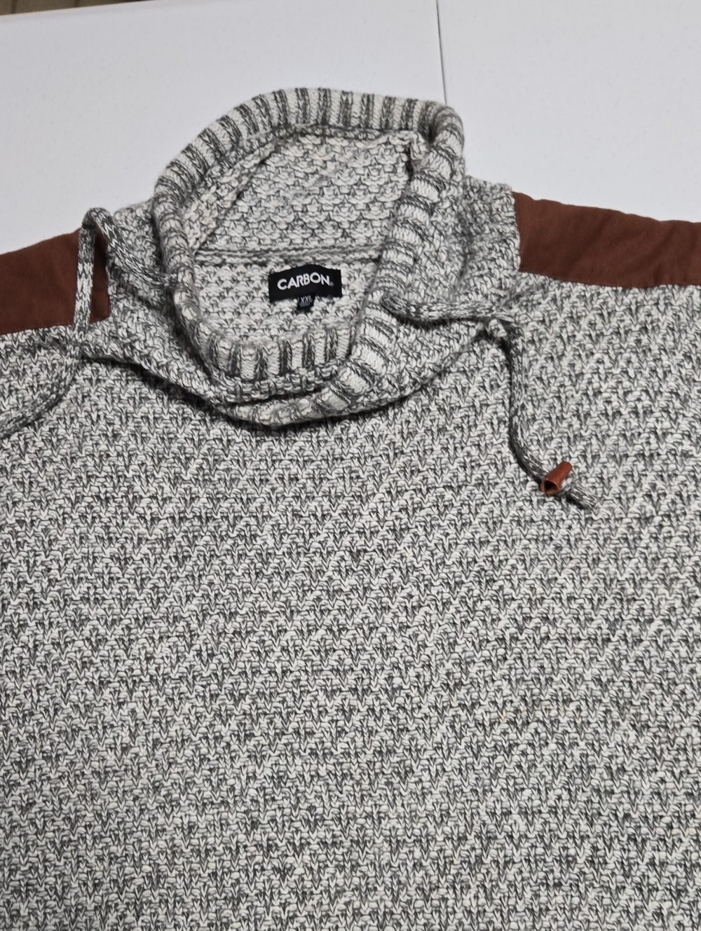 Carbon Gray and Brown Contrast-Shoulder Turtleneck Sweater